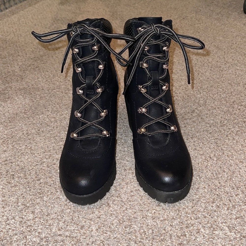 Call It Spring Black Leather Lace Up Heeled Boots